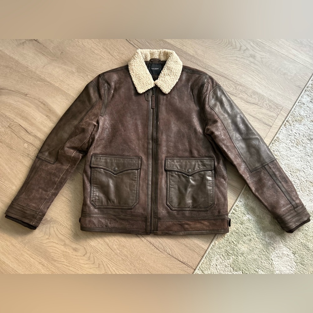 Lucky Brand Brown Leather Bomber Jacket with Shearling Collar
